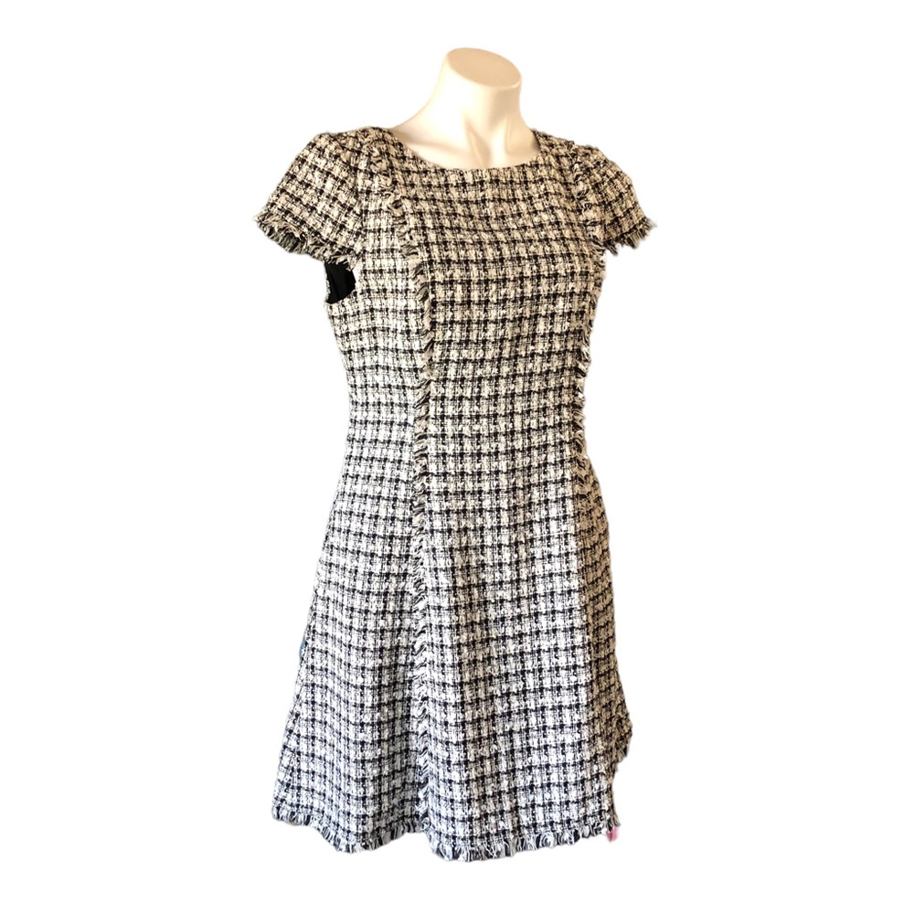 Eliza J Black and White Tweed Textured Print Fringe Seams Fit & Flare Dress